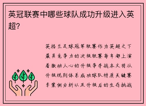 英冠联赛中哪些球队成功升级进入英超？